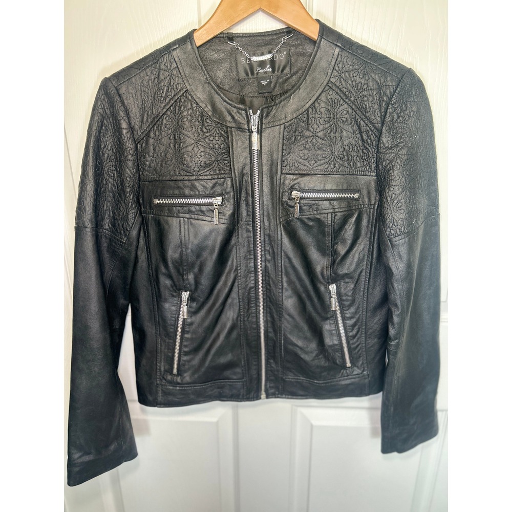 Bernardo Leather Moto Jacket Womens Medium Black Embroidered Quilted Zip Cropped